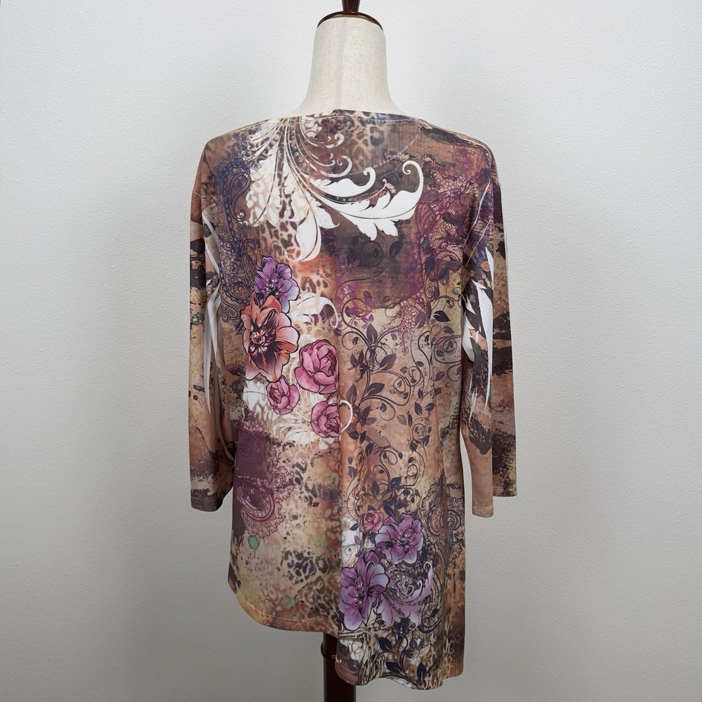 Jess & Jane‎ Top Womens XL Pink Brown Embellished Colorful Artsy Boho Asymmetric - Picture 9 of 13